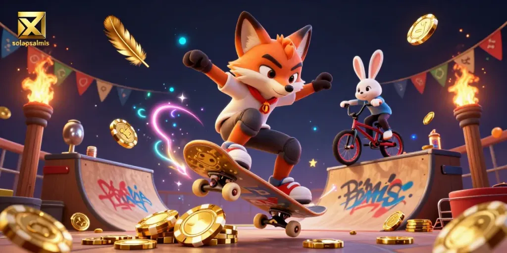 Engaging 3D scene of solapsalmis featuring a skateboarder fox and BMX rabbit in an exciting casino environment.