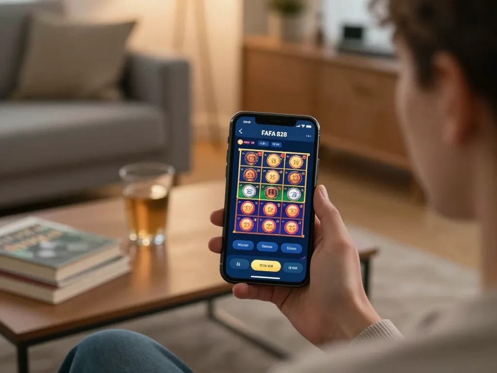 Player engaging with FAFA 828 mobile app for online gaming in a cozy home setting.