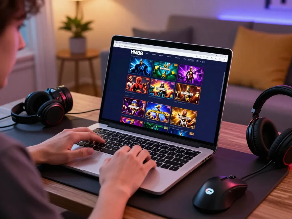 Engaging HM88 bet đăng nhập scene with a user enjoying online gaming experience in a cozy setting.