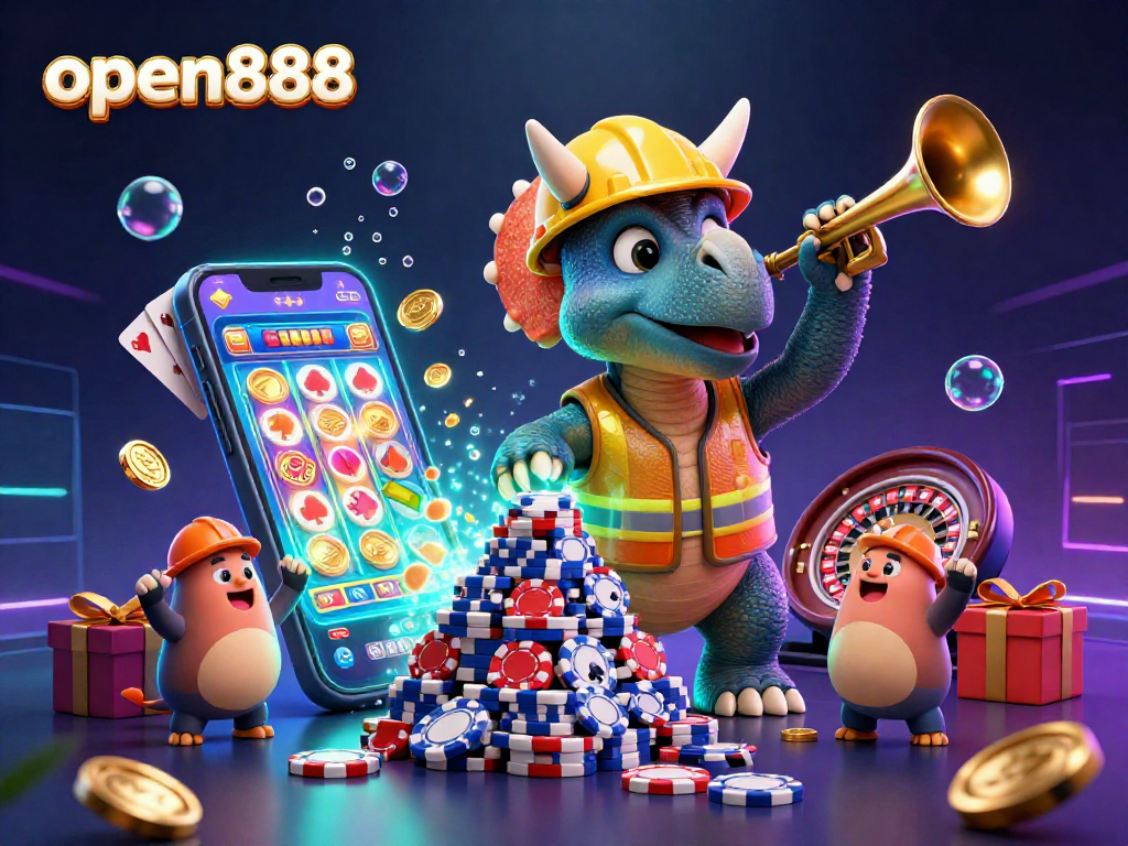 open888 celebrates with fun casino characters creating excitement in a vibrant 3D scene.
