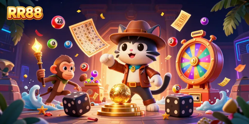 Experience thrilling gaming at RR88 with an explorer cat and monkey amidst vibrant lottery elements