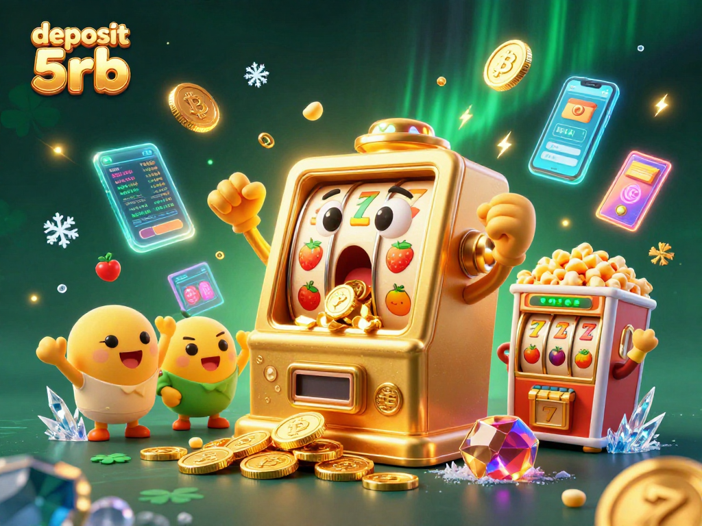 Engage with deposit 5rb in this vibrant slot machine scene overflowing with coins and glowing elements.
