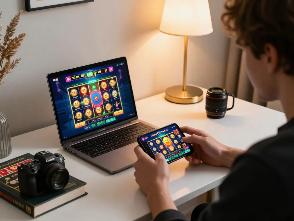 Engaging in mobile gambling at aman788 with smartphone and laptop during cozy gaming session.