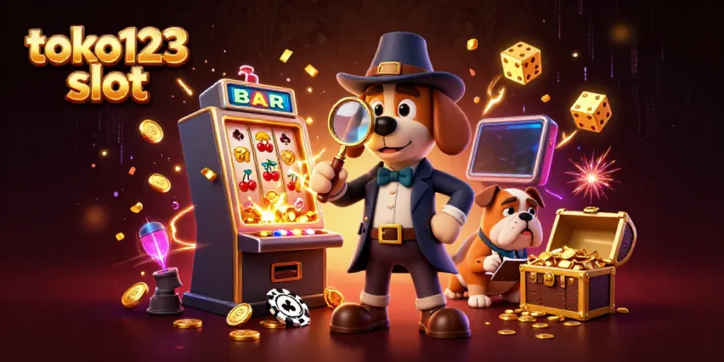 Engage with toko123 slot in an exciting 3D illustration showcasing a detective solving clues amidst a festive casino scene.