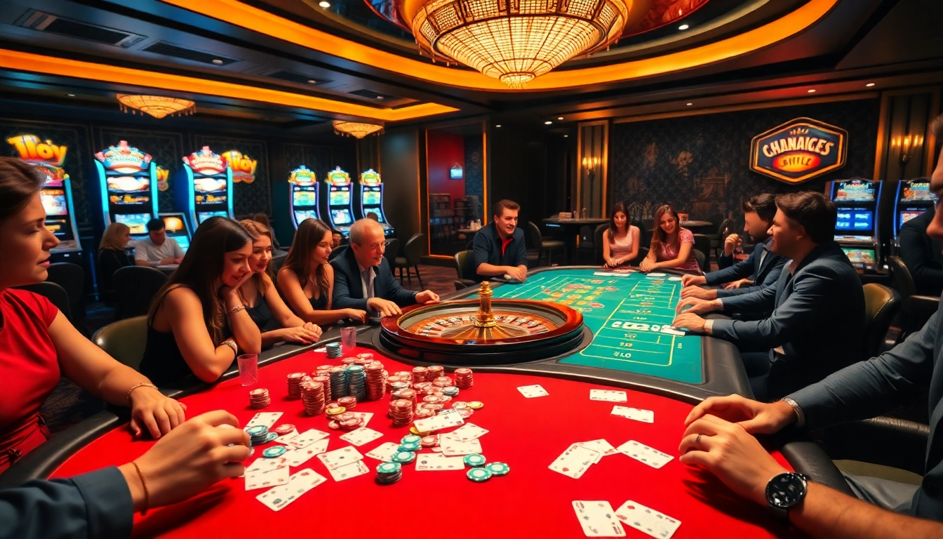 Engaging scene of gamblers enjoying games at nhà cái thabet casino.