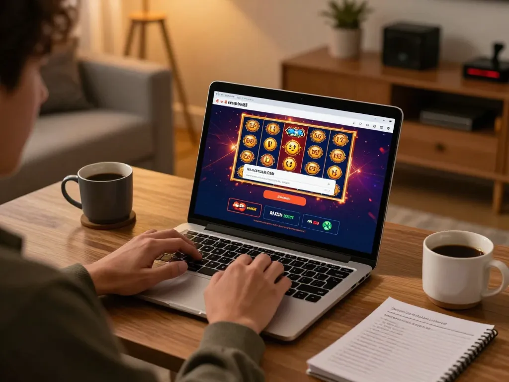Engaging scene of indopride88 login on laptop in cozy home setting, showcasing responsible online gaming experience.