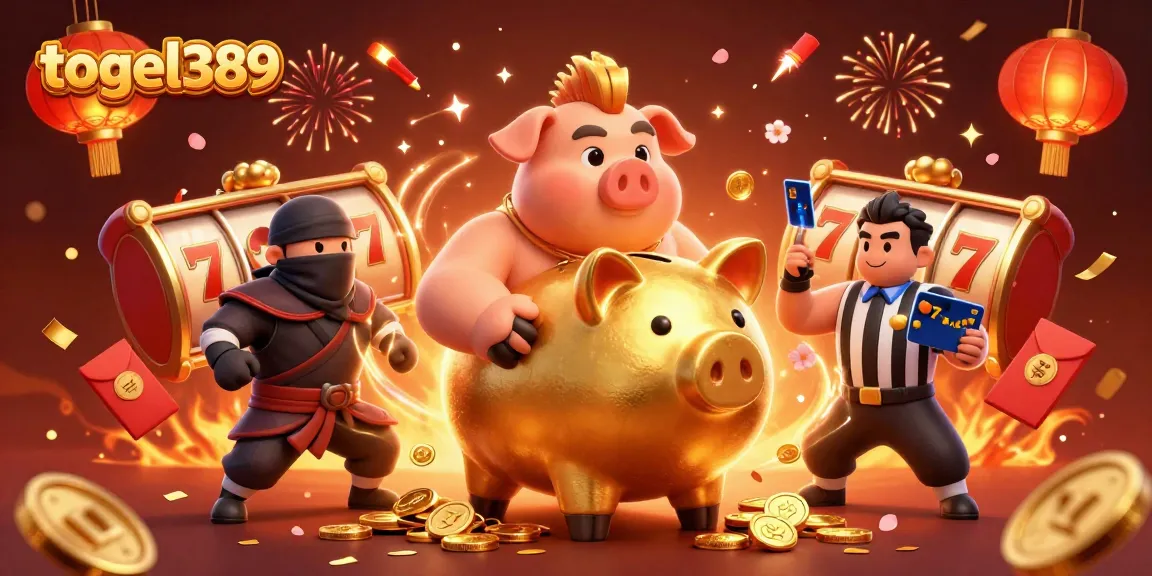 Experience big wins with togel389 through an exciting scene featuring a golden piggy bank sumo wrestler.