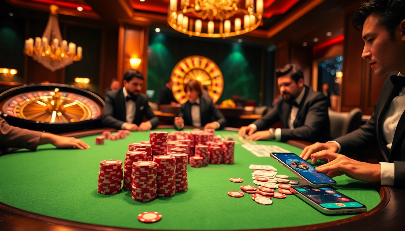 Engaged players enjoying a high-stakes poker game at 69VN, surrounded by poker chips and a roulette wheel.
