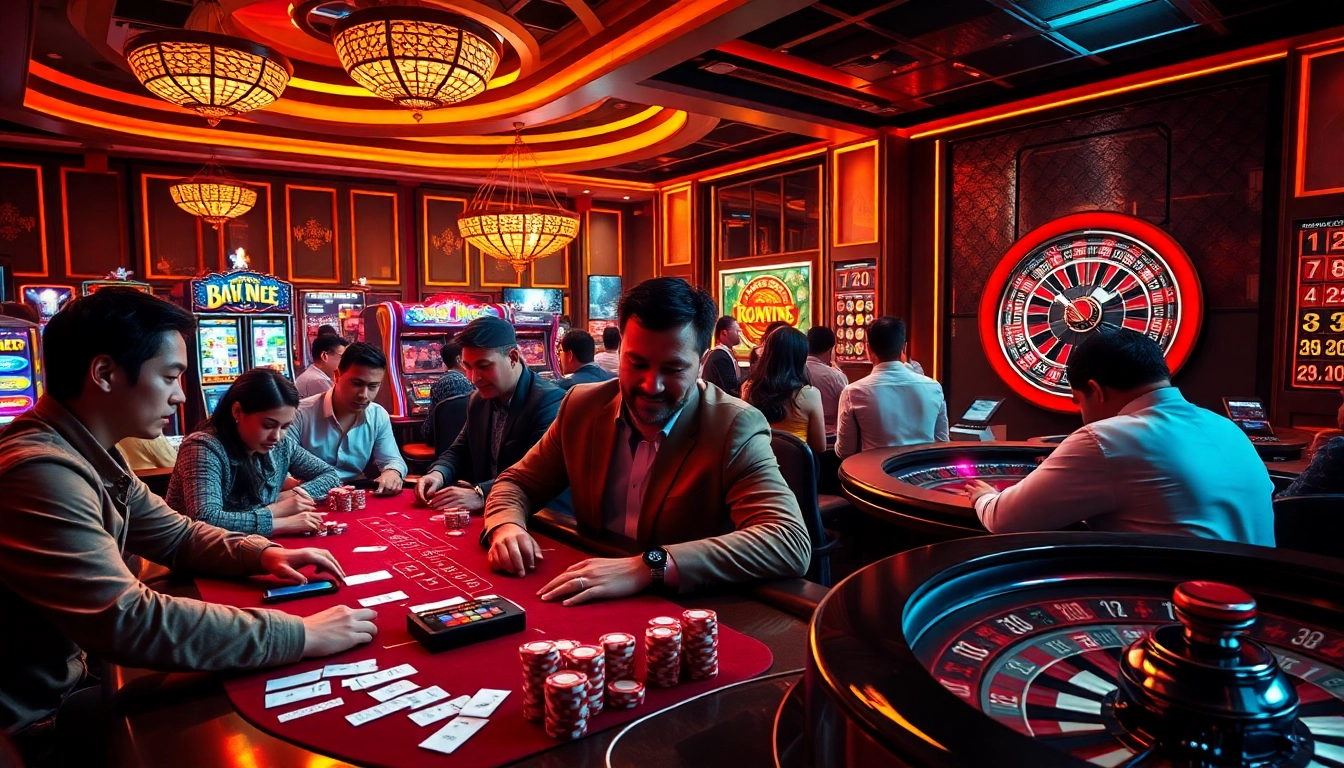 Gamblers enjoying the excitement of online gaming at link sepuhplay with vibrant casino elements.