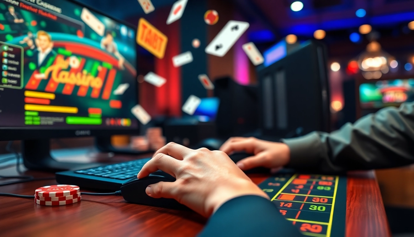 Casino spielen online mit einem Spieler, der an seinem Computer spielt und aufregende Casino-Elemente erlebt.