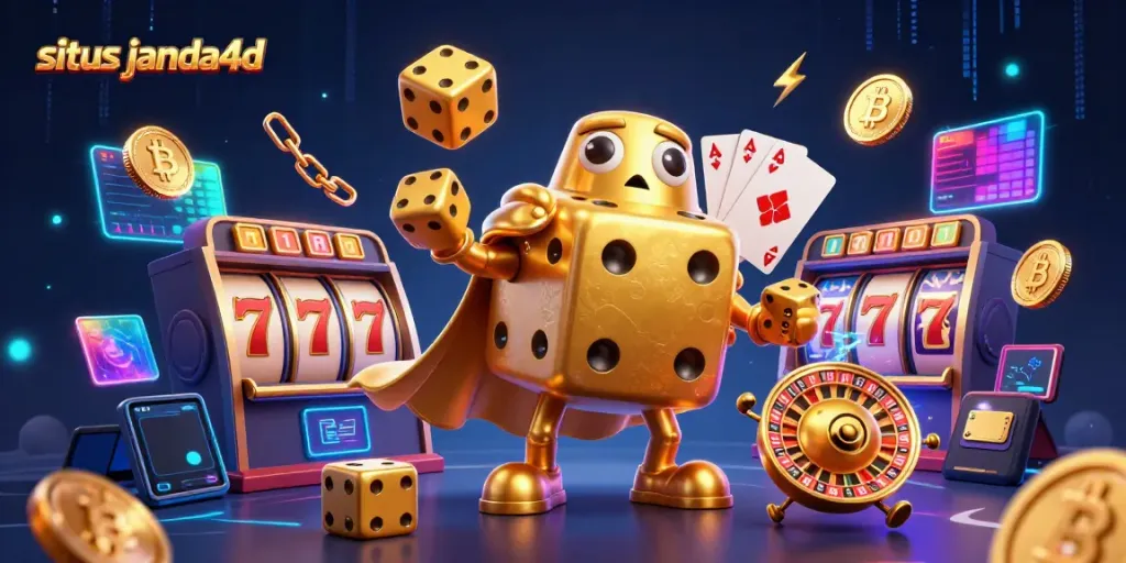 Jelajahi situs janda4d dengan ilustrasi kasino yang penuh warna dan energi, menggambarkan karakter dadu emas besar dan elemen judi lainnya.