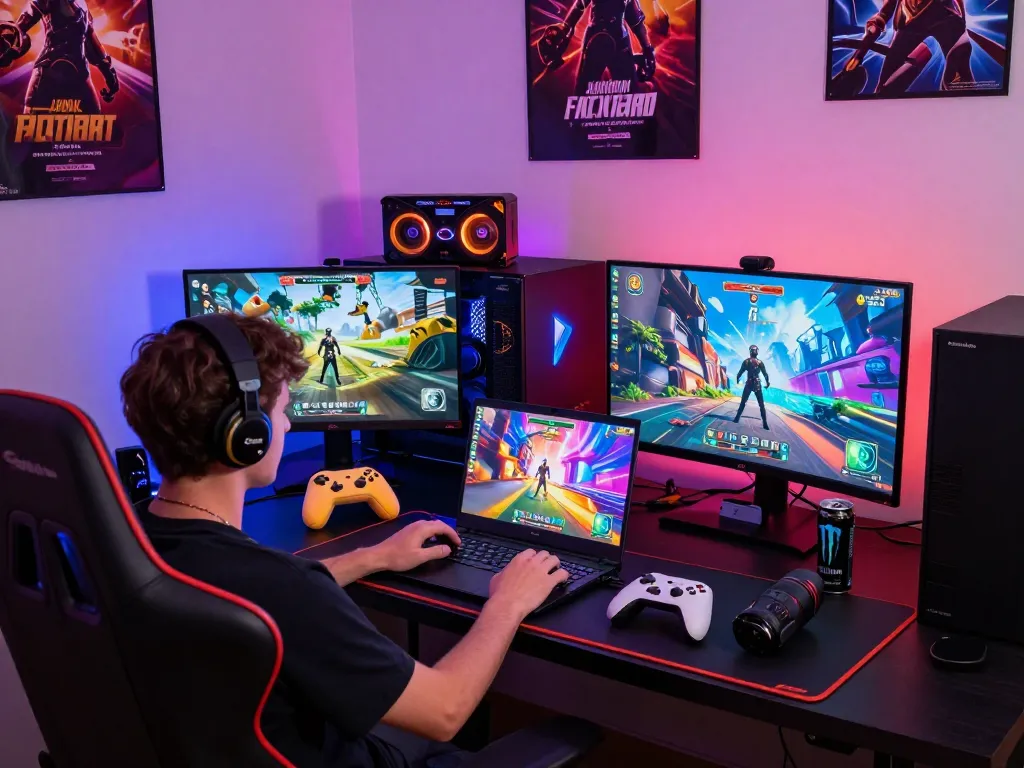 Engaged gamer playing porngames in a colorful gaming room filled with ambient lights and accessories