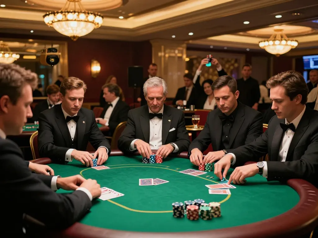 Intense poker game at a luxurious casino floor with players engaged in high-stakes action at https://rr88.select/.