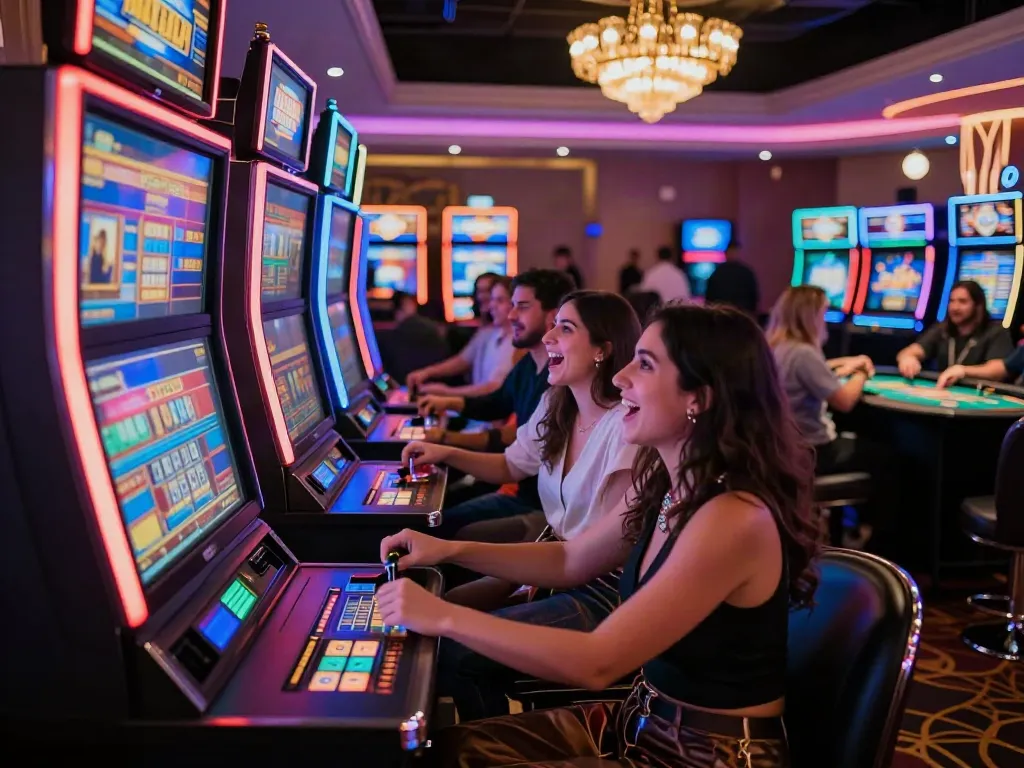 Players enjoying akunjp slot machines in a vibrant casino atmosphere at night.