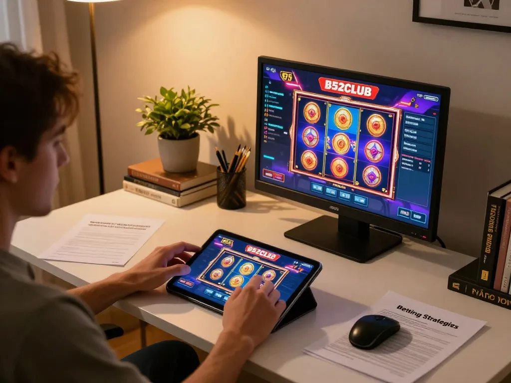 Experience thrilling B52CLUB gameplay at home with a stylish setup and strategic betting notes.