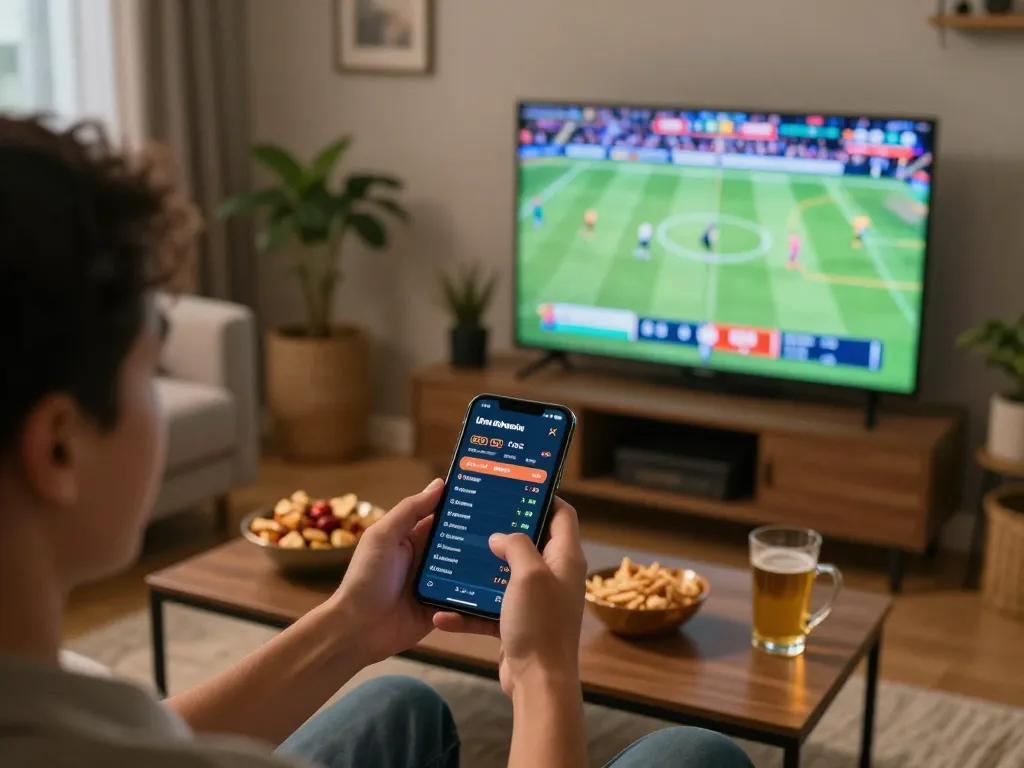Person engaging in live sports betting using goal123.ac on a smartphone while watching a game on TV.
