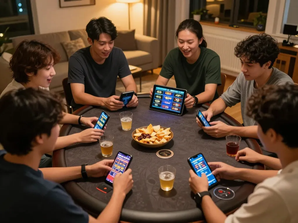 Players enjoying an online game on rik vip, showcasing mobile devices and social interaction.