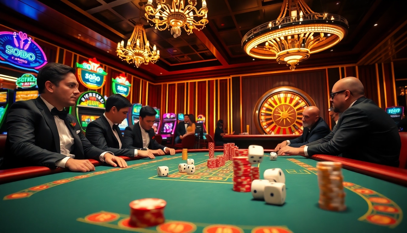 SODO CASINO vibrant scene with poker tables, flashing slot machines, and roulette wheel for a luxurious gambling experience.