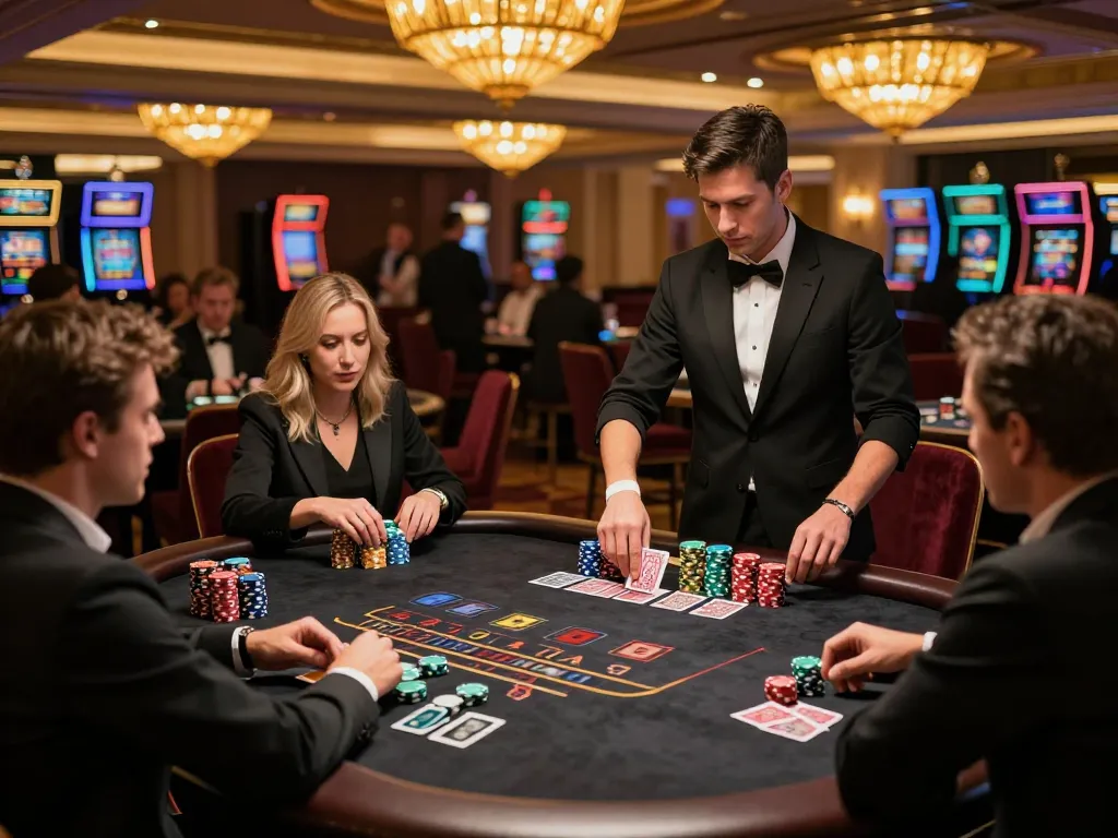 IWIN CLUB players focused on high-stakes blackjack table, chips stacked, dealer shuffling cards, luxurious casino ambiance