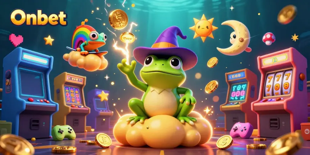 Experience Onbet's thrilling casino adventure with a wizard frog, chameleon, and golden coins.