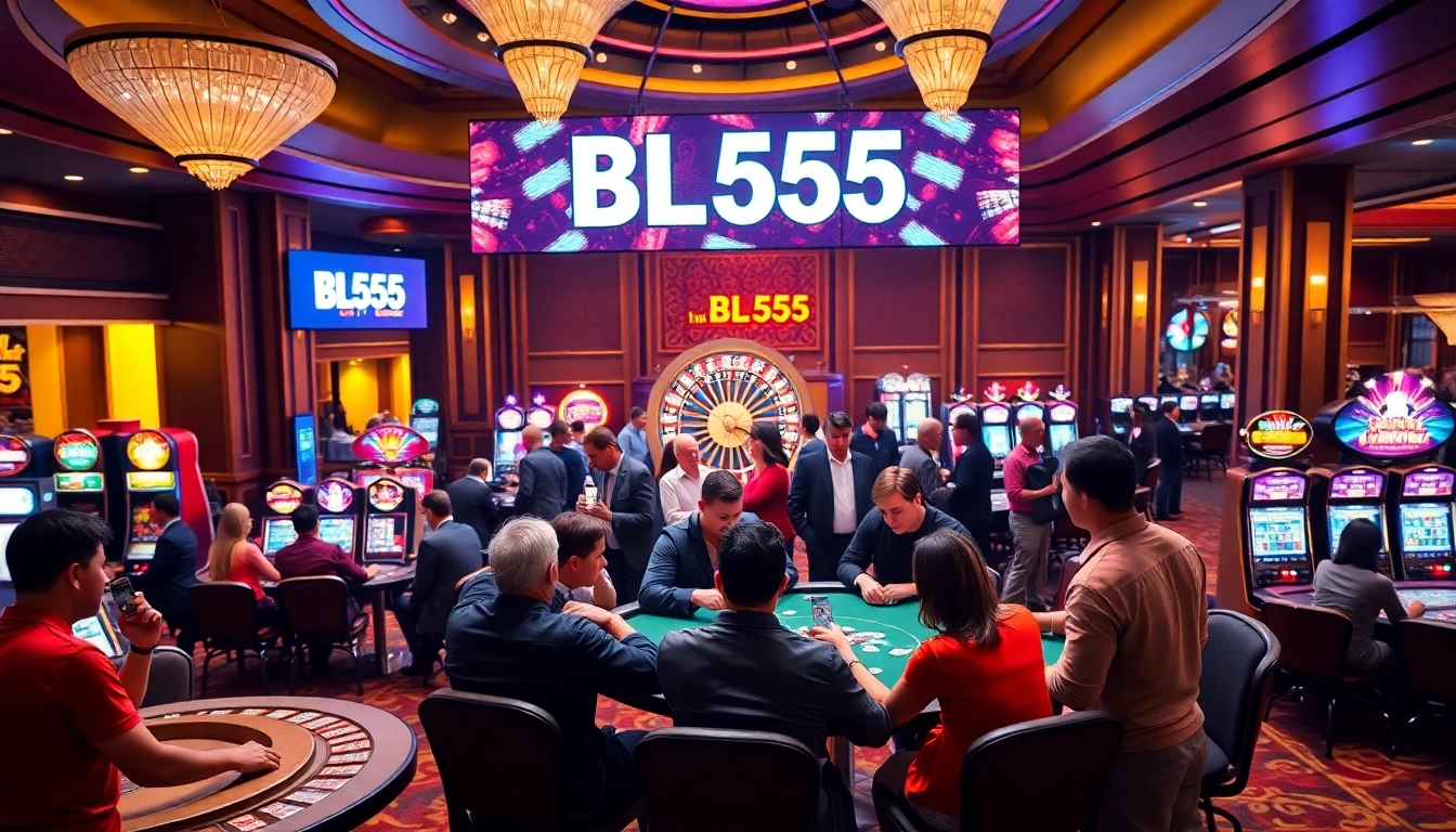 Experience the excitement at BL555 with players engaged at poker tables and spinning roulette wheels.