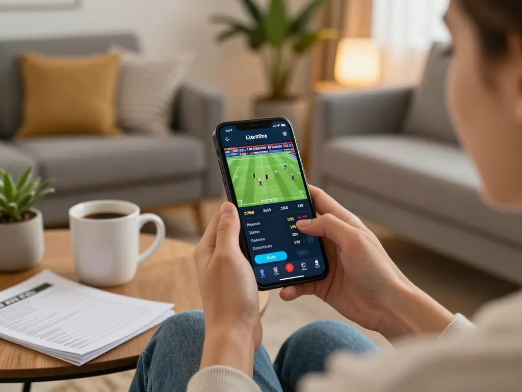 Engaging mobile betting on 68win app showcasing live sports action in a cozy home setting.