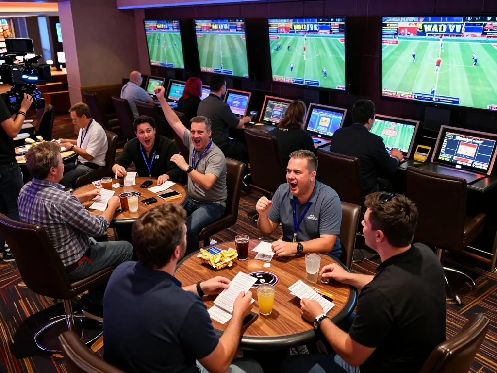 Pemain Aman788 merayakan selama acara olahraga langsung di sportsbook kasino mewah.