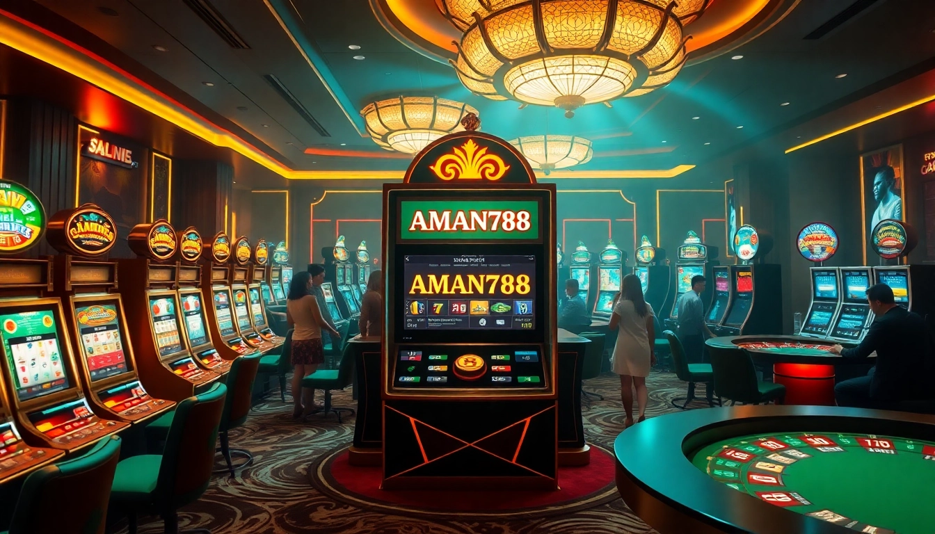 Pemain slot Aman788 menikmati waktu mereka dengan elemen kasino yang berwarna-warni dan suasana mewah.
