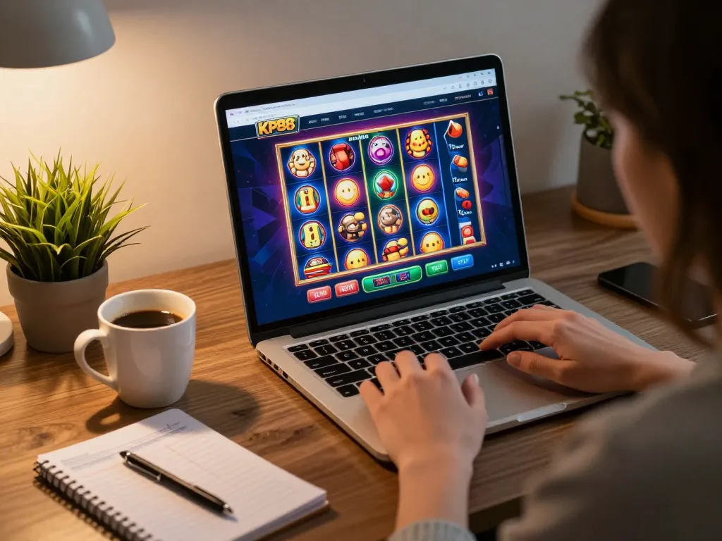 Player engaging with KP88 online casino from a cozy home setup, showcasing strategy notes and a vibrant game screen.