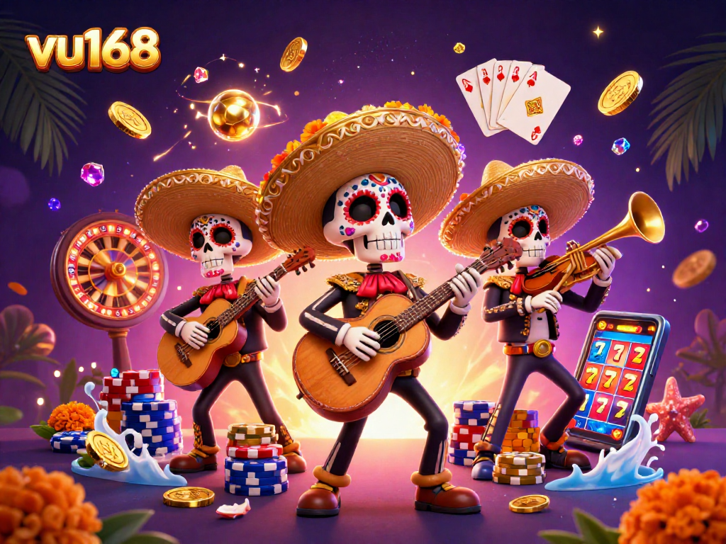 Experience the excitement of vu168 with a vibrant 3D illustration showcasing a mariachi band amidst sparkling casino elements.
