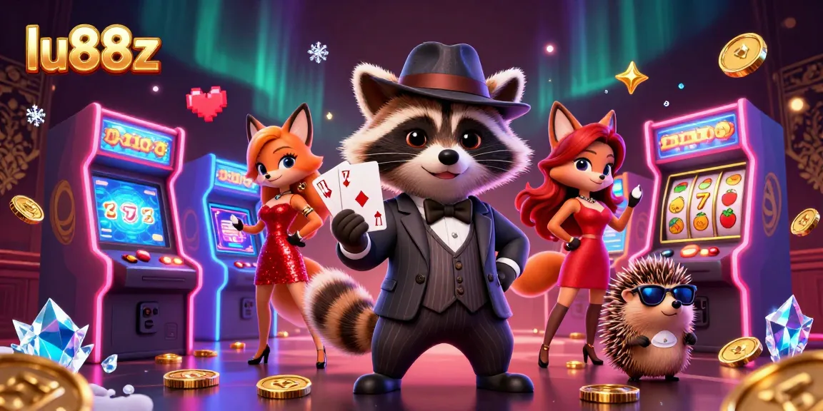 Experience exhilarating gameplay with lu88z in a vibrant casino scene featuring a raccoon and friends.
