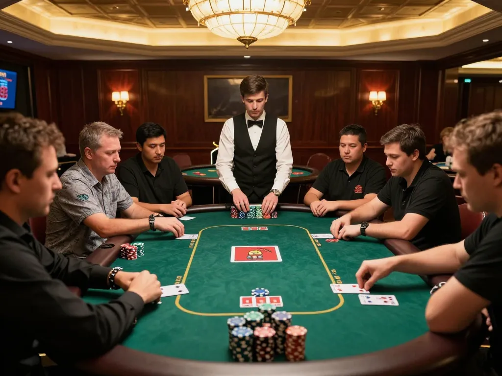 Engaged players strategizing at a poker table while enjoying rik 88 gaming experience, dynamic casino atmosphere.