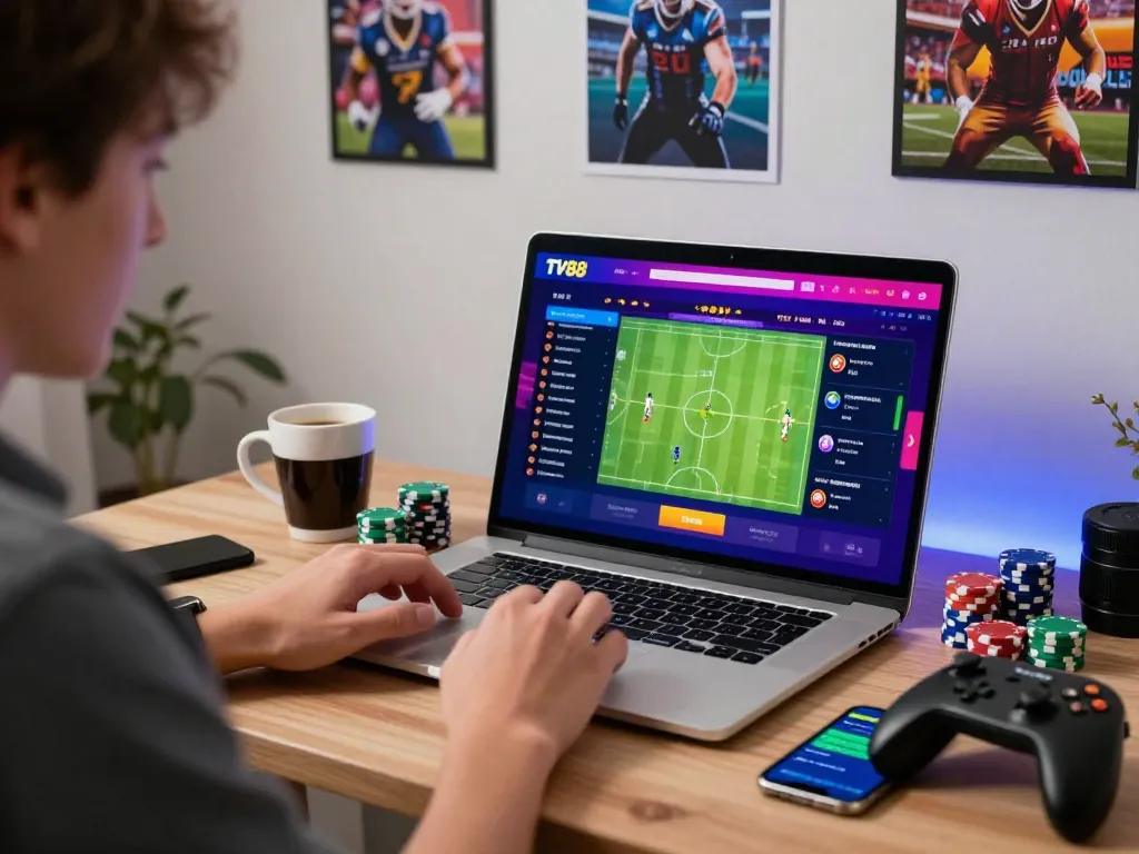 Engaging scene of online betting on TV88 platform with user login process, showcasing excitement and vibrant atmosphere.
