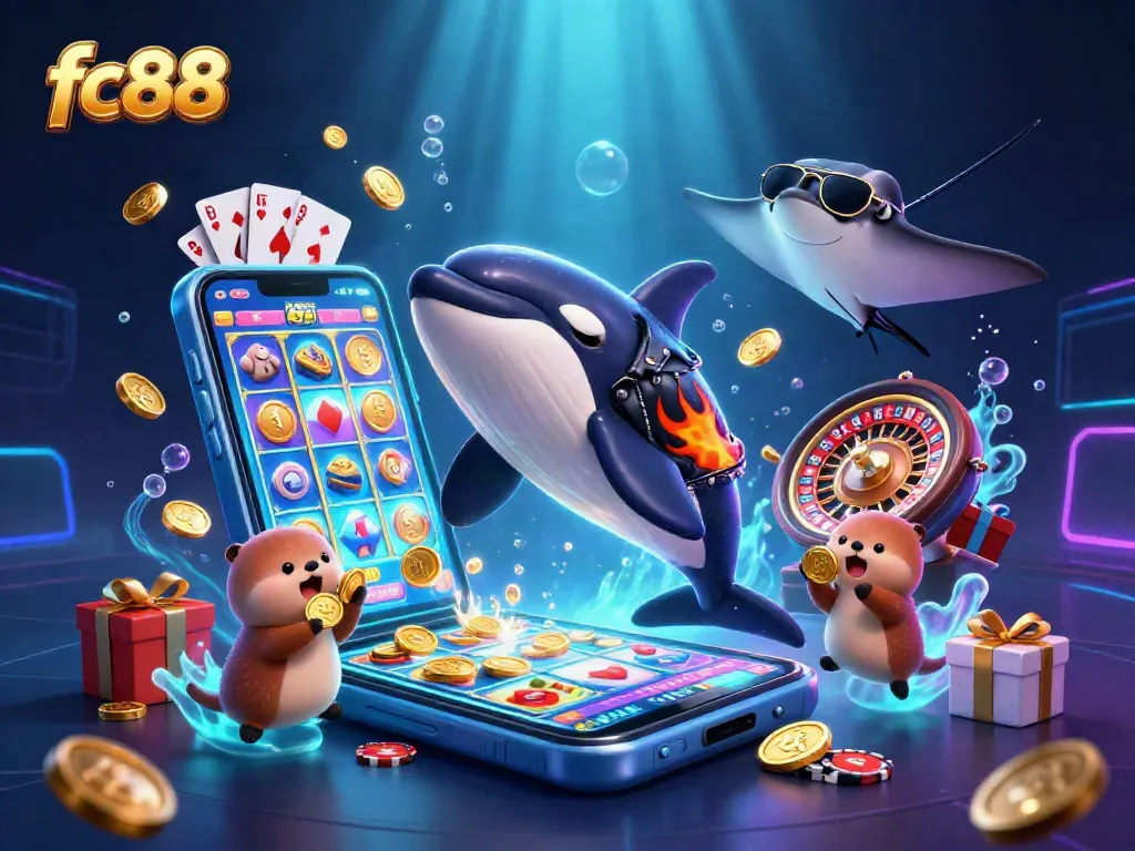 Experience fc88 thrills with a vibrant underwater casino scene featuring a jumping orca and a playful otter family.