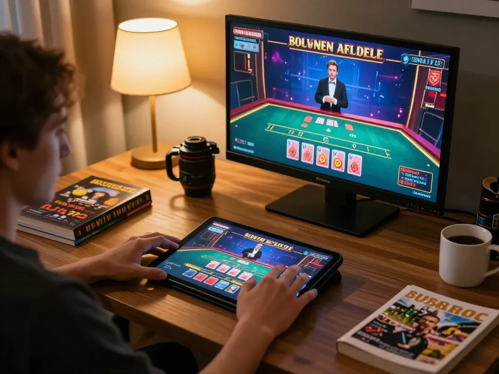 Player engaging with live dealer casino on 88aa tablet, warm setting with strategy notes and drink