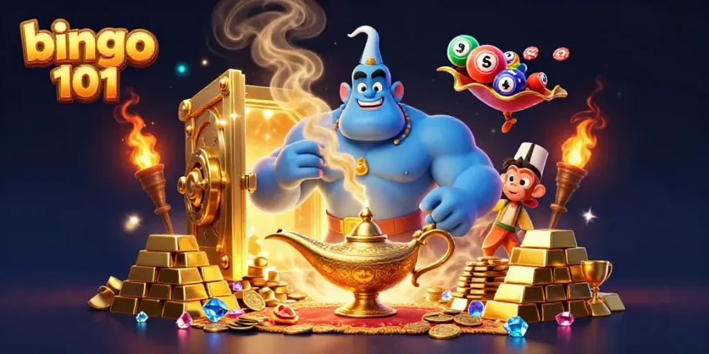 The ultimate bingo 101 experience brings alive the genie and treasures in an engaging casino-themed scene.