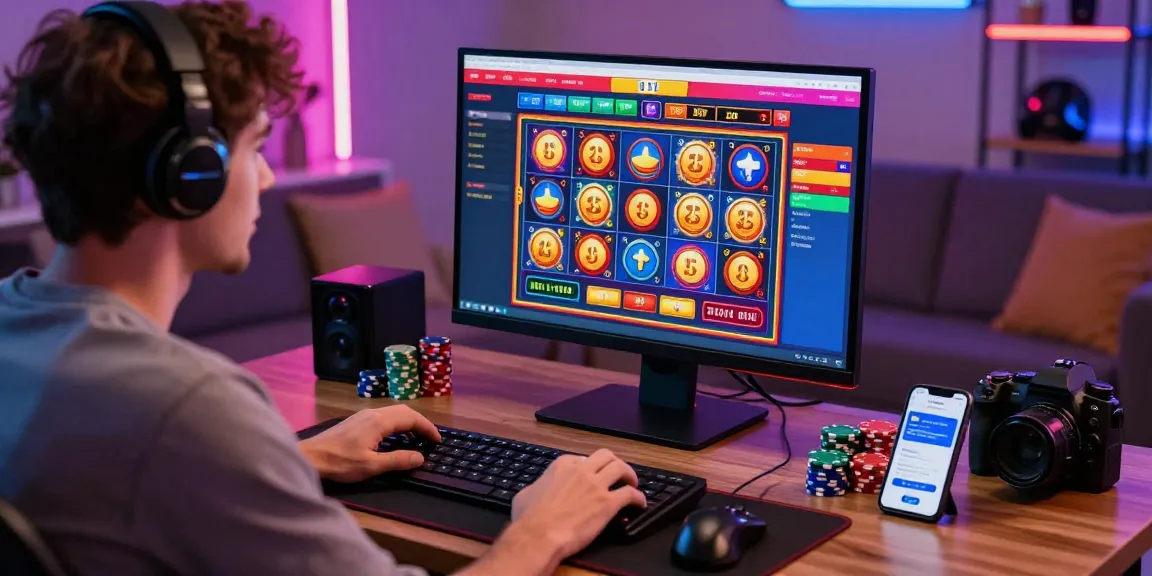 Exciting gaming scene at credit card casinos UK featuring a player engaged with colorful online slot games on a modern desktop.