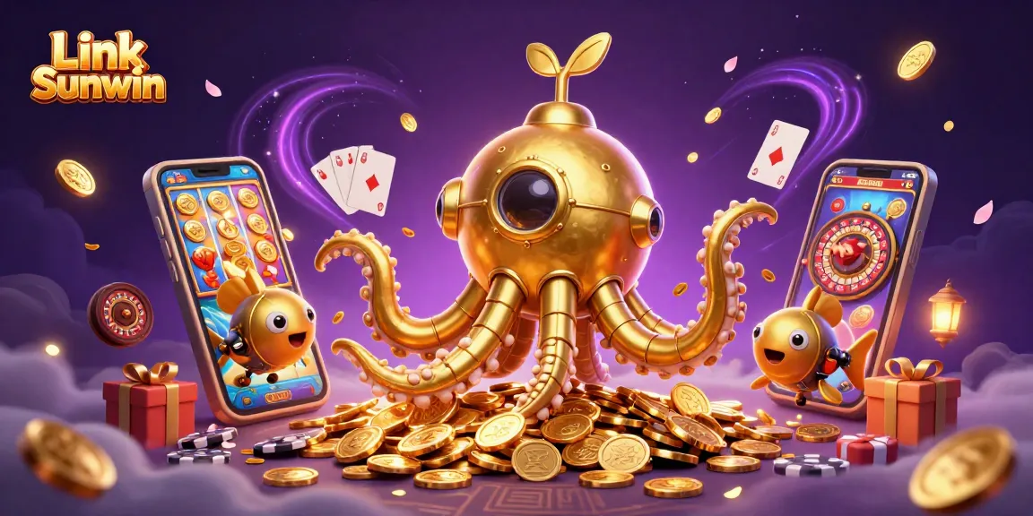 Win big with Link Sunwin: 3D illustration of underwater casino adventure filled with gold coins and vibrant game elements.