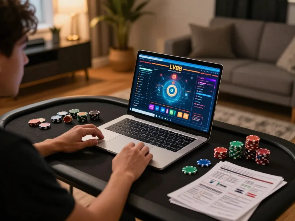 Engaging LV88 online casino gaming experience with a player using a laptop in a cozy setting