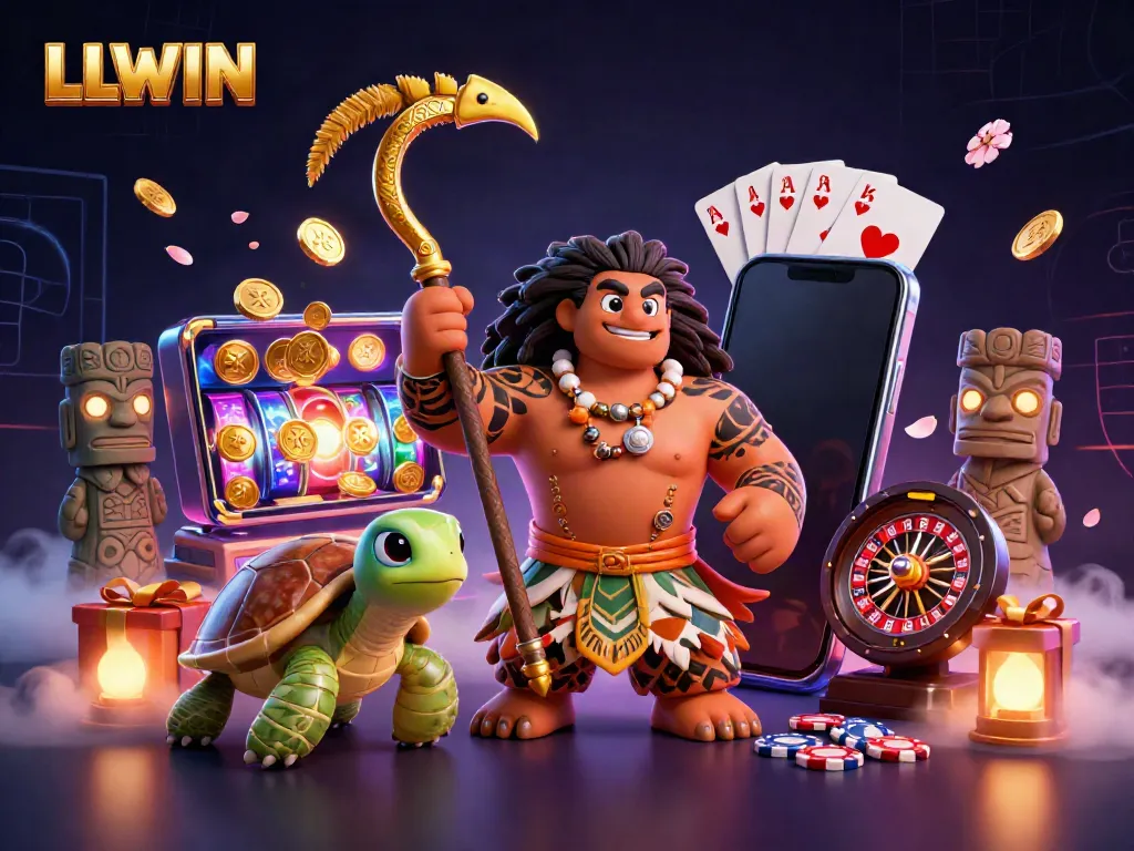 Experience the thrill of LLWIN with vibrant casino elements and a Polynesian demigod in action.