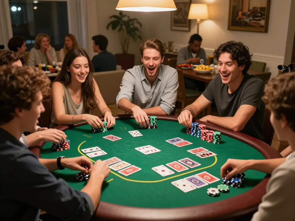 Maxpoker88 players sharing laughter and excitement during an engaging home poker night with colorful chips and cards.