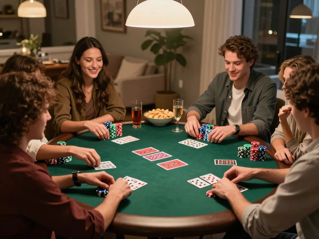 Engaging friends in a poker game at home, showcasing link hi88 for online gaming access.