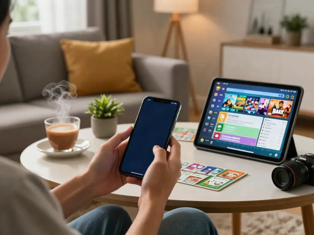 Engaging scene of a user playing Rumble Rummy on a smartphone in a cozy living room with bright natural light and a cup of chai.