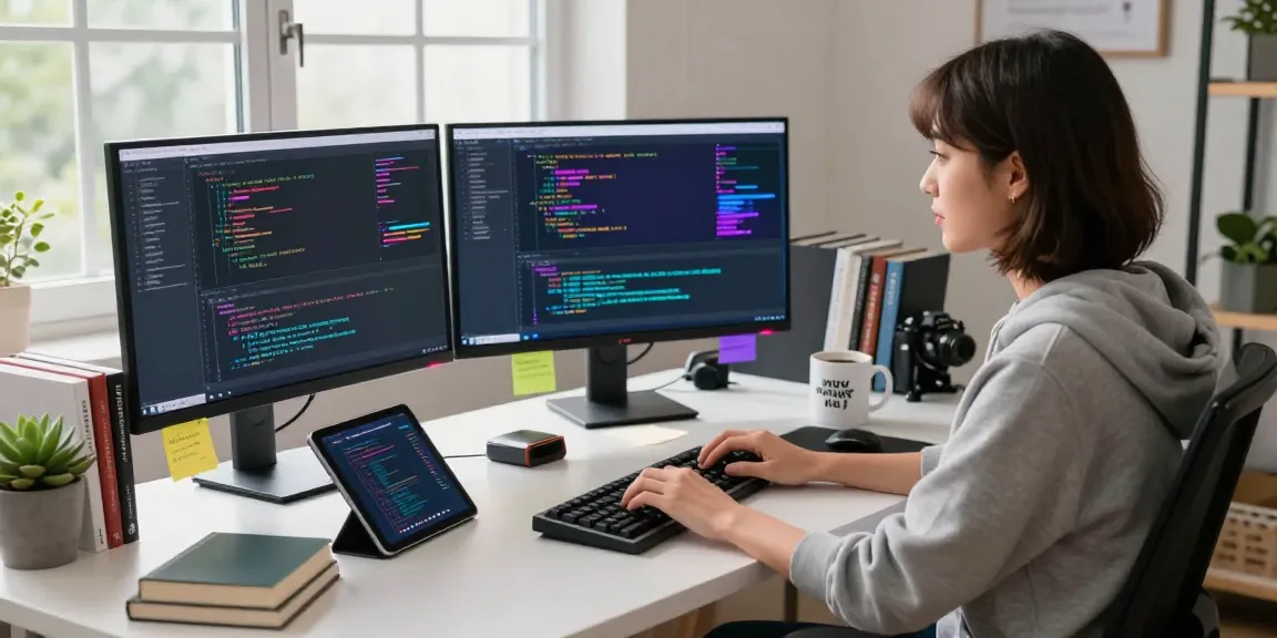 Developer coding with crush ai algorithms in a vibrant home office