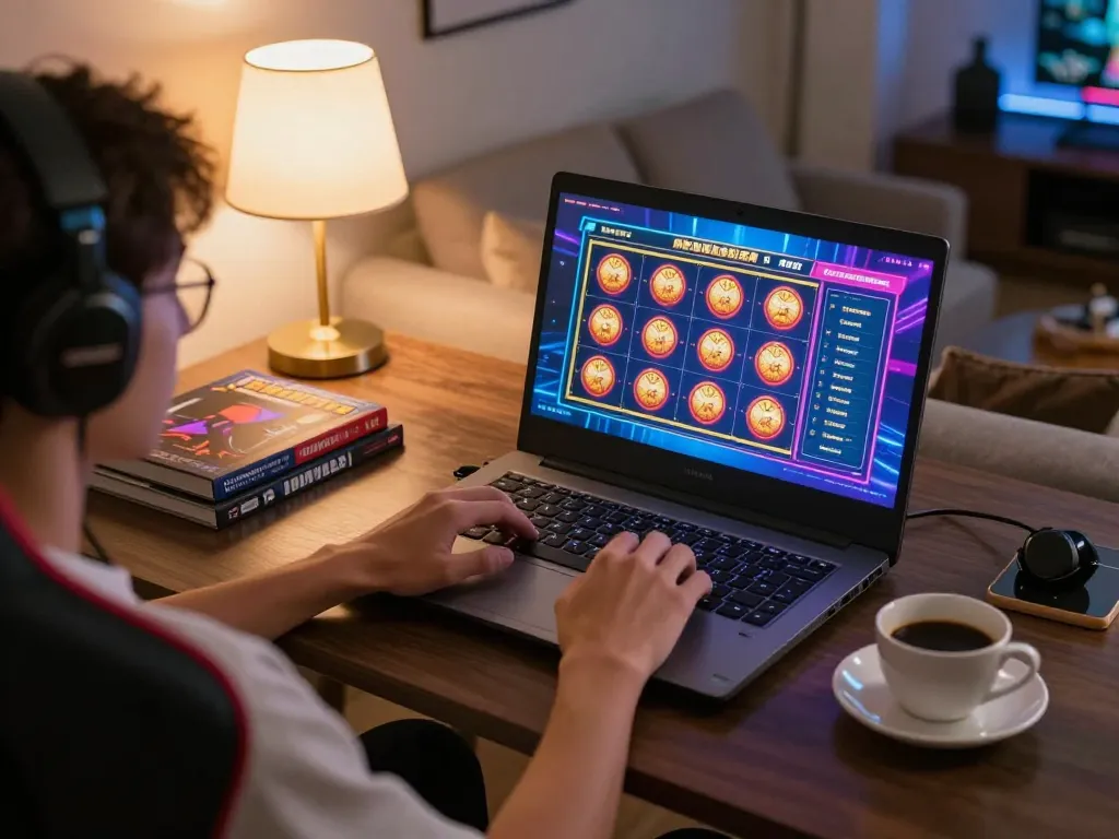 Engaging gaming session on 789WIN platform featuring colorful slot interface and cozy home setup