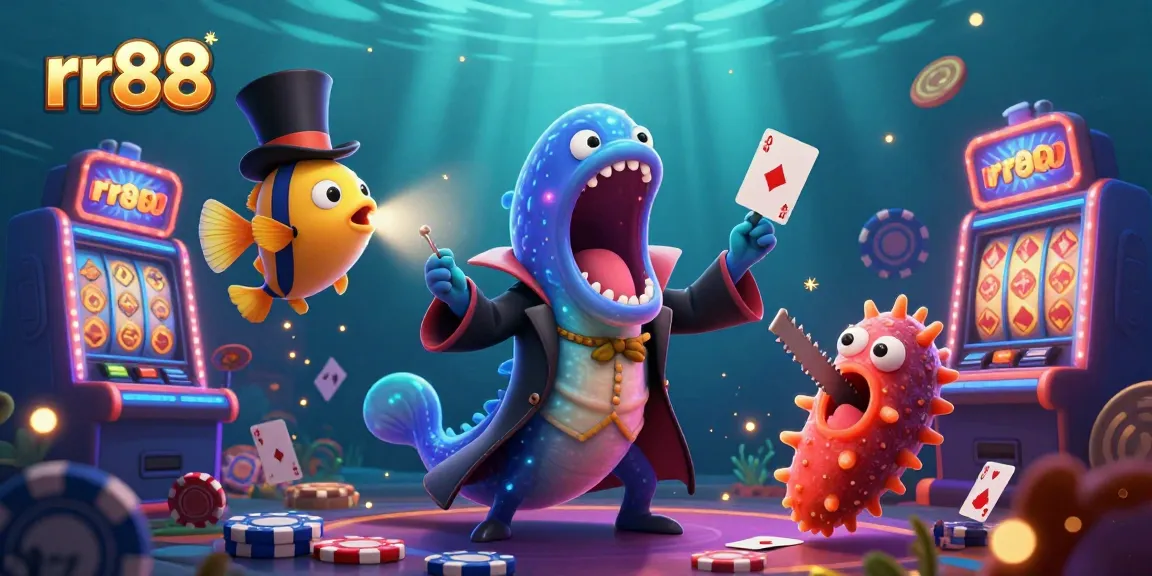 Experience thrilling gaming at rr88 with fun characters performing magical tricks in a vibrant casino setting.