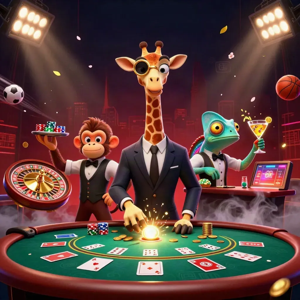 Giraffe, monkey valet and chameleon bartender in a neon casino tableau with coins, cards and a trophy.