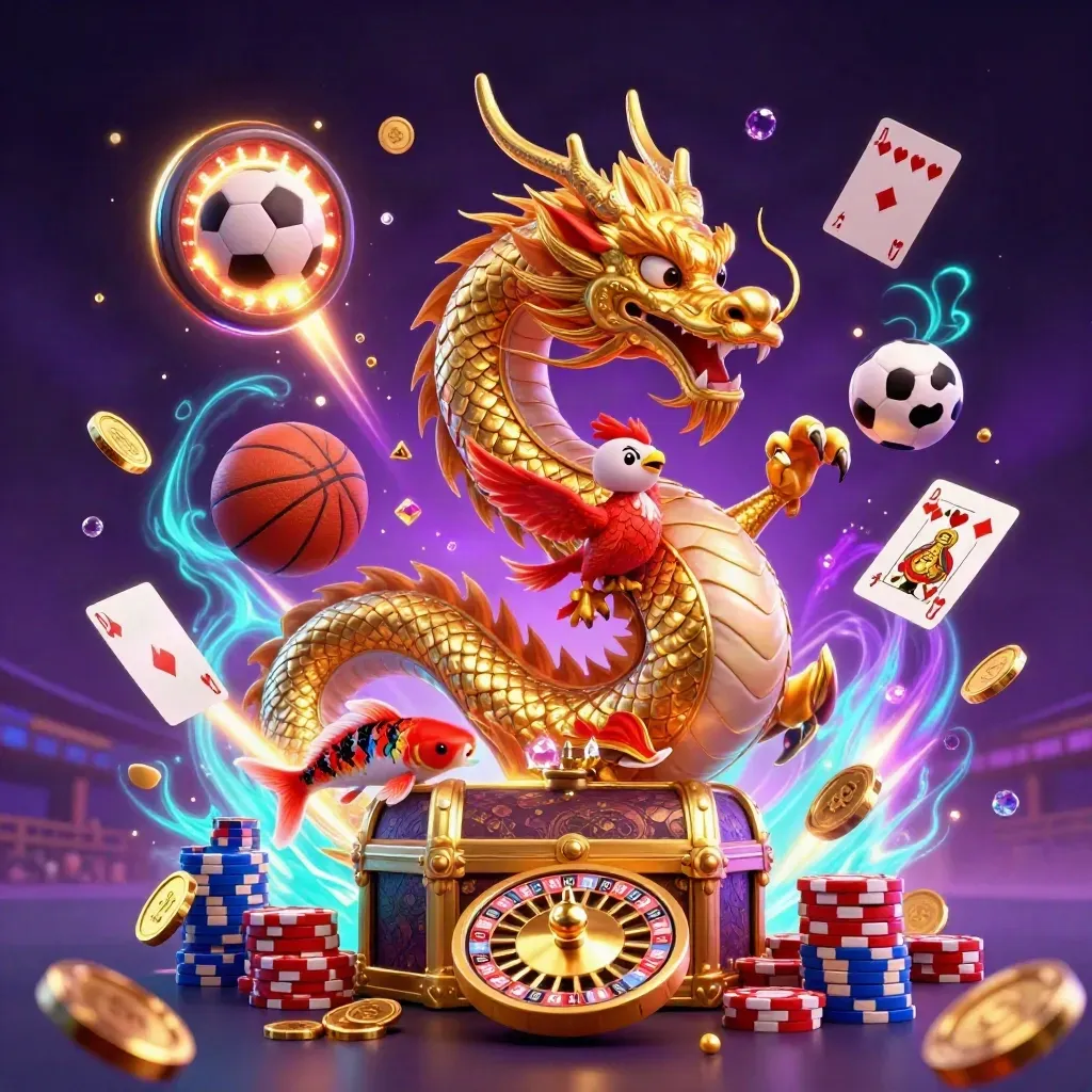 Golden dragon and phoenix amid coins, sports balls, chips, and neon casino light.