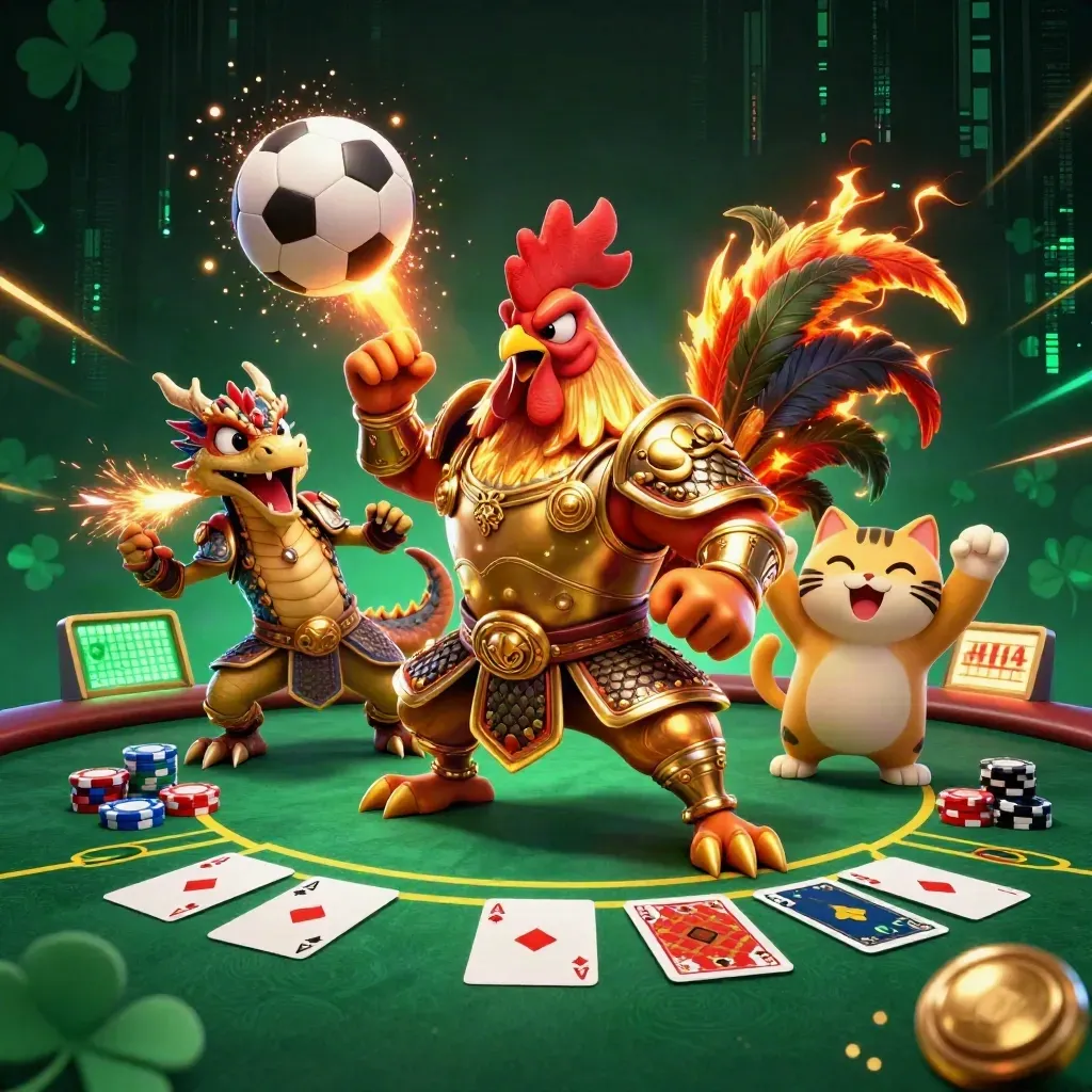Rooster warrior, dragon hatchling, and fortune cat amid casino props and sports balls in neon glow.