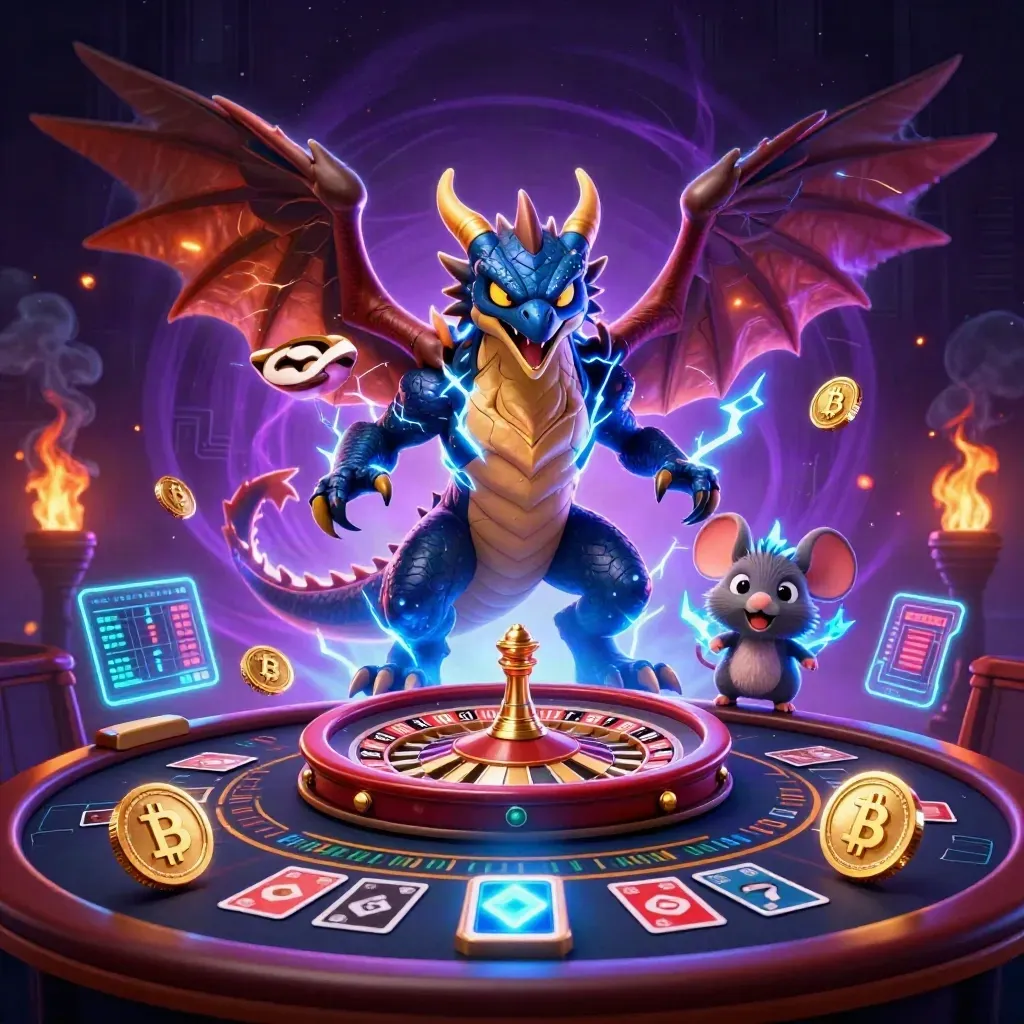 Thunder dragon, wind hawk, and static mouse amid casino magic, coins, lightning, and purple void